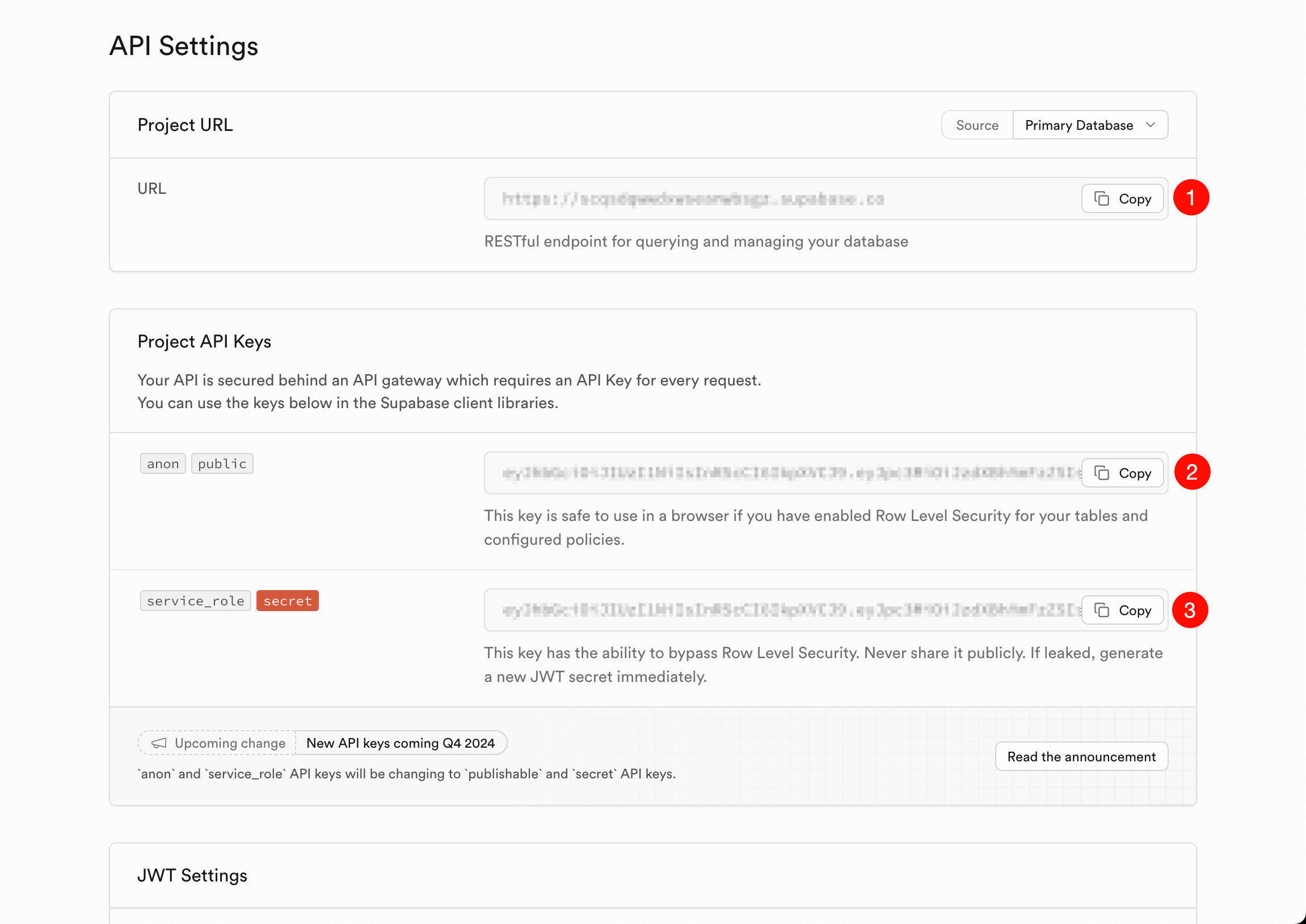 Copy Supabase project url, anon key and service role key