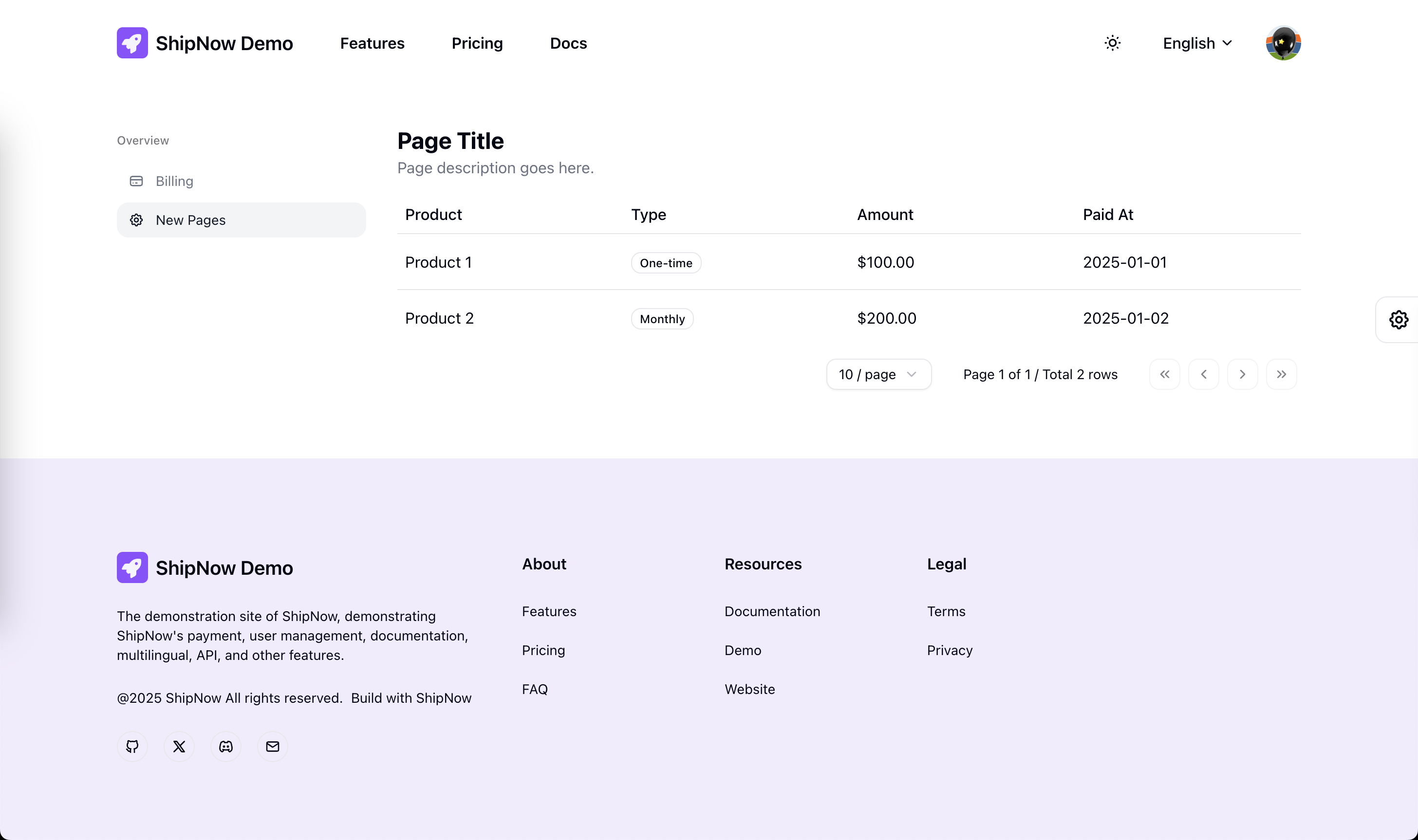 Dashboard new pages example