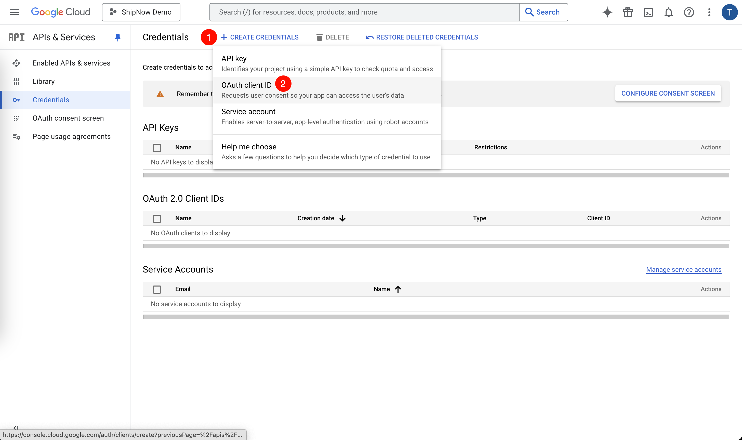 Create OAuth client ID and secret